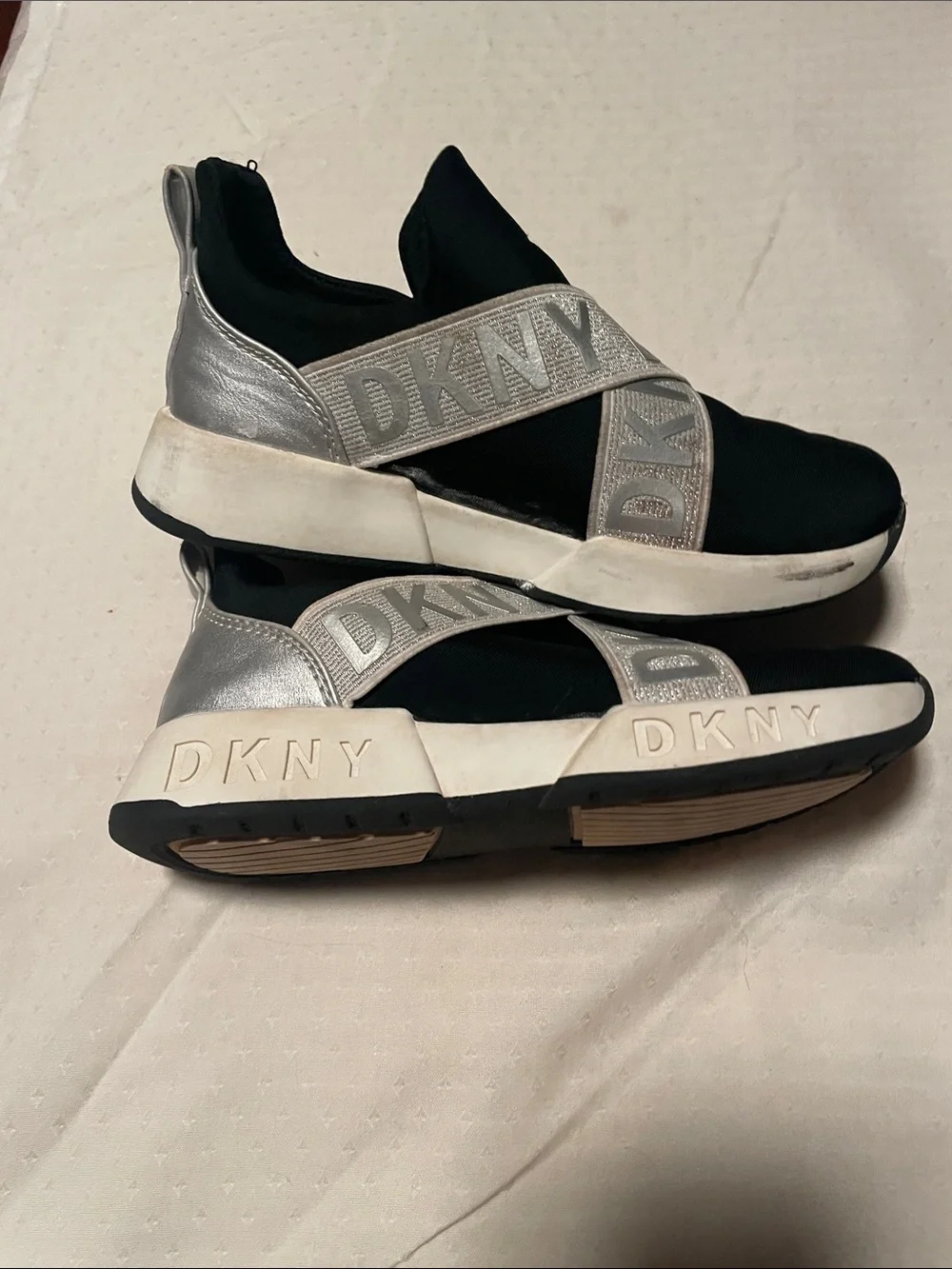 DKNY Black & Silver Cross-Strap Slip-On Sneakers